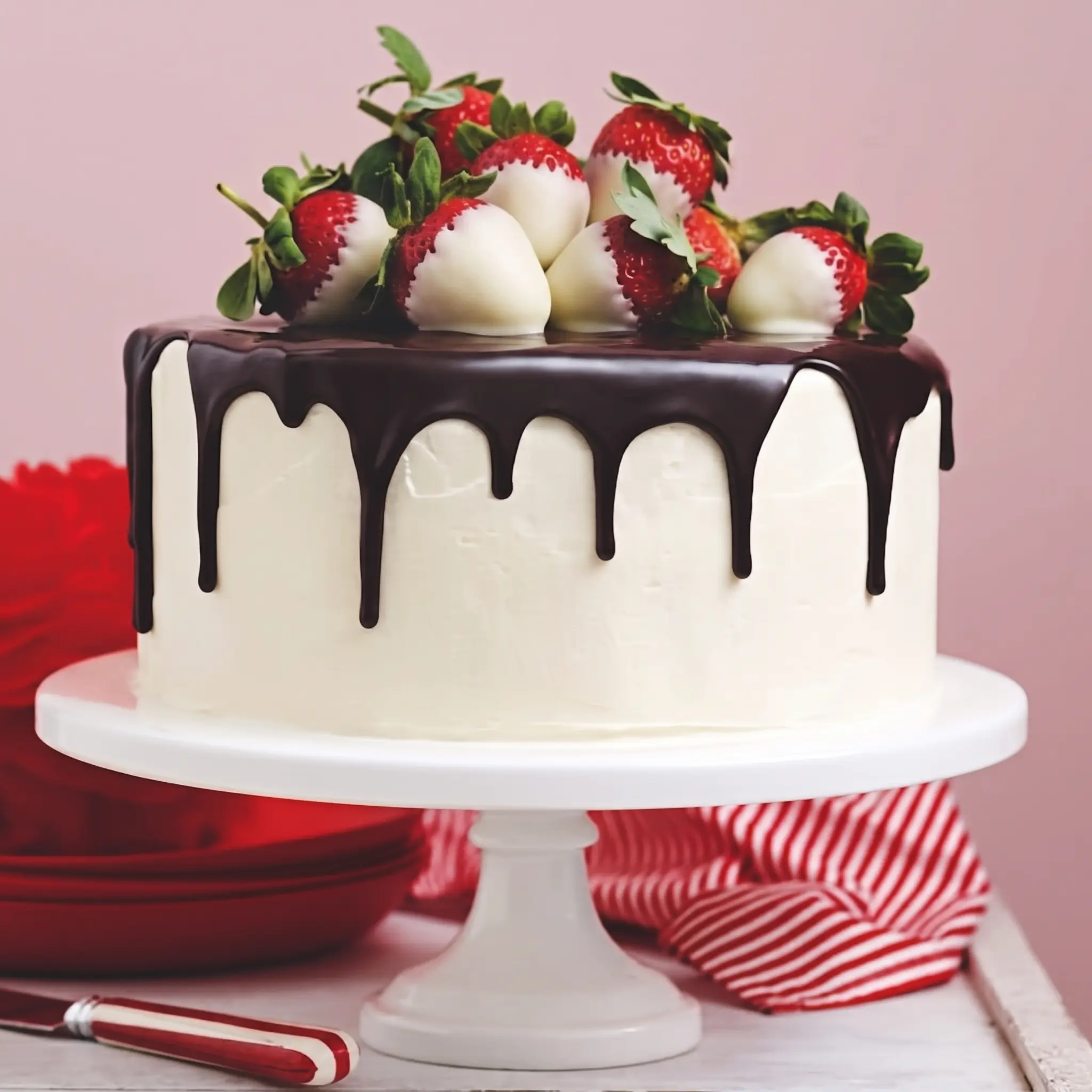 White celebration cake with chocolate drip and fresh strawberries